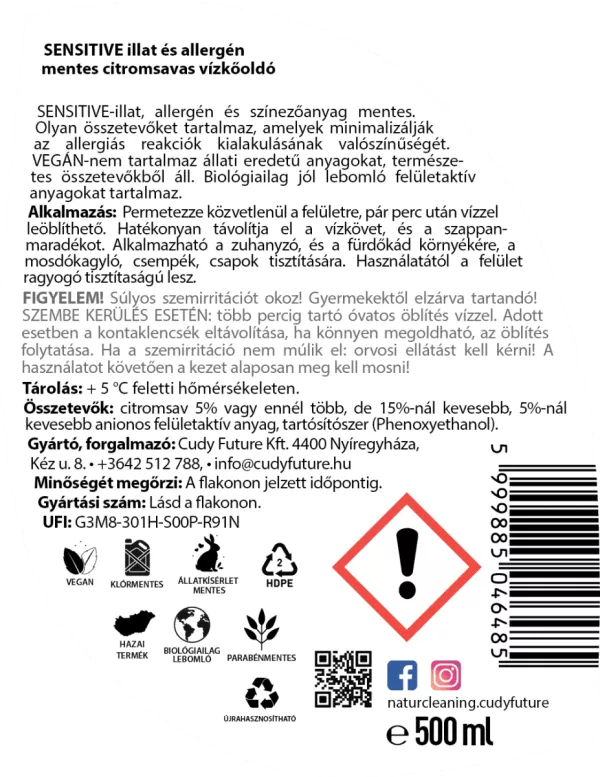 Naturcleaning Sensitive illat és allergén mentes citromsavas vízkőoldó 500 ml – galéria