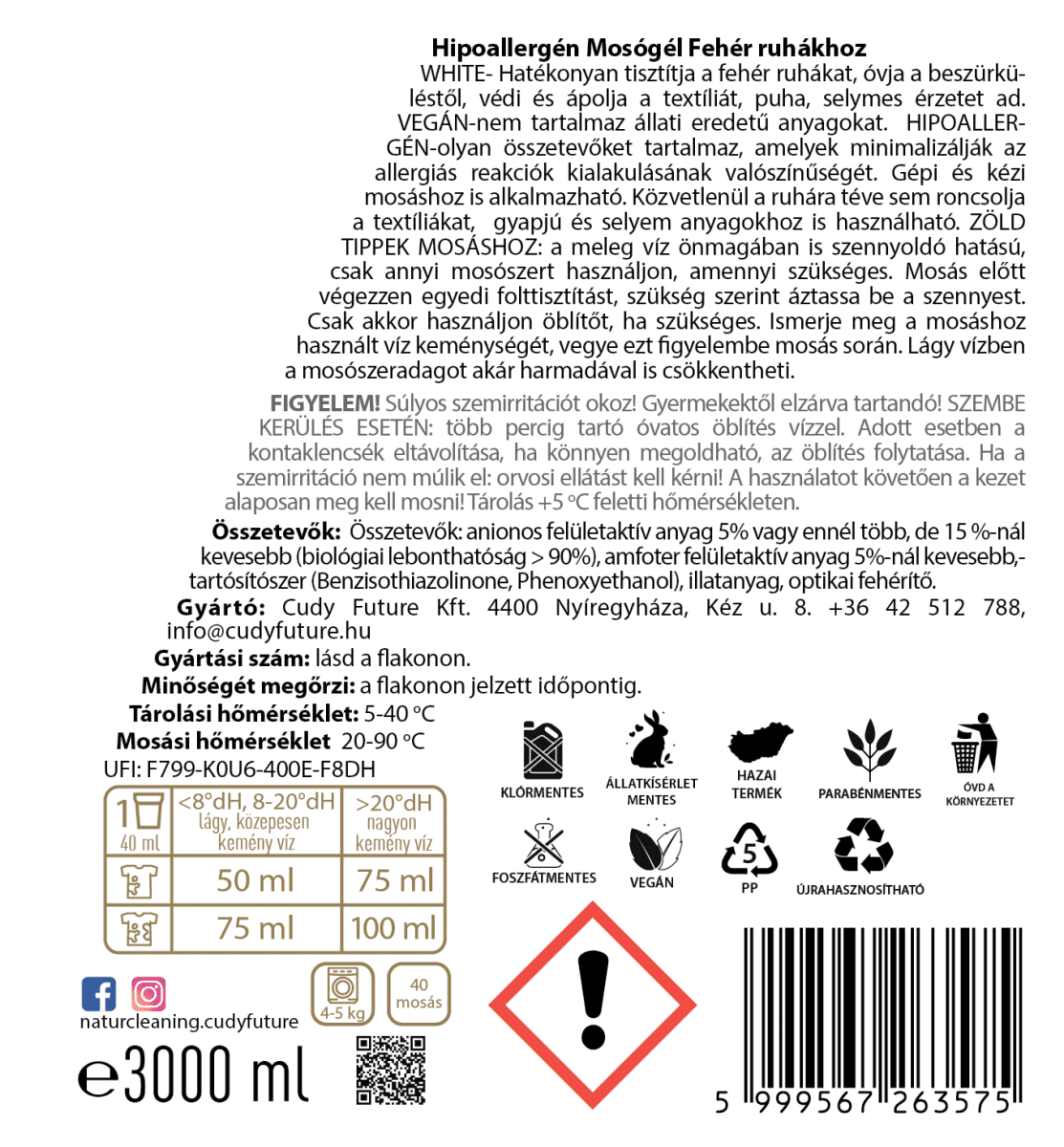 Naturcleaning White hipoallergén mosógél 3 liter – galéria