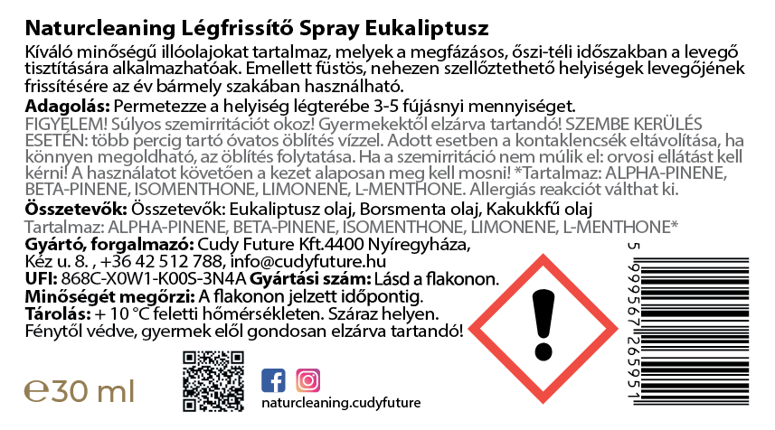Naturcleaning Légfrissítő Spray Eukaliptusz 30 ml – galéria